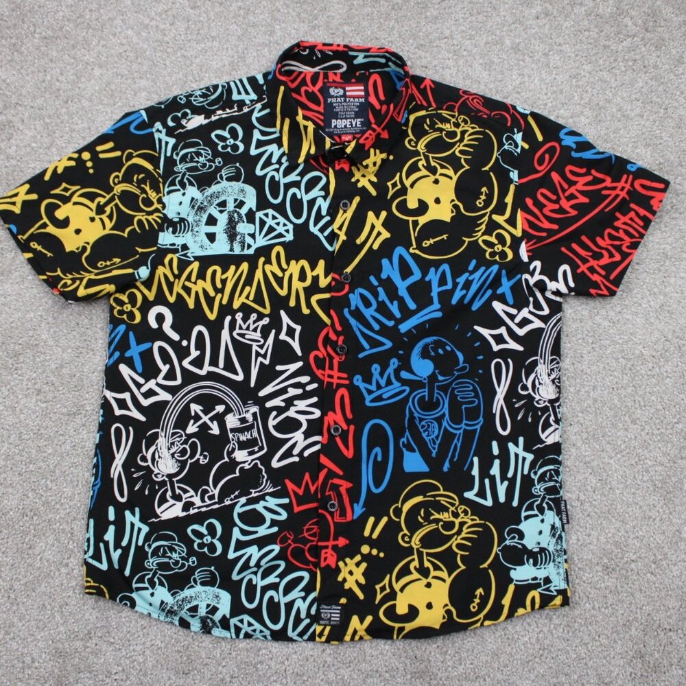 Popeye AOP Shirt Boys Large (18) Colorful Phat Farm All Over‎ Print Short Sleeve